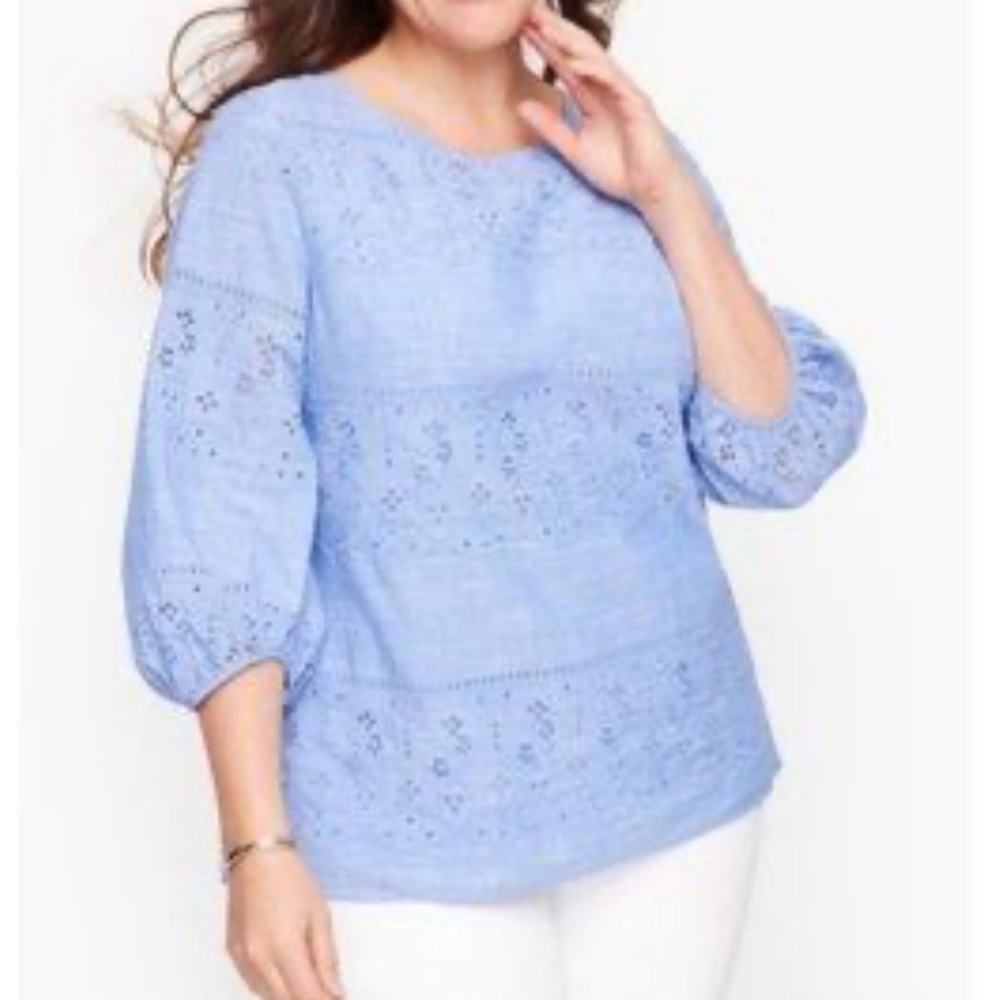 Talbots Blue Eyelet, 3/4 Sleeve Blouse, Size XL